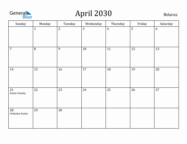April 2030 Calendar Belarus