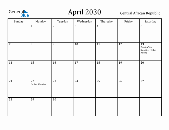 April 2030 Calendar Central African Republic