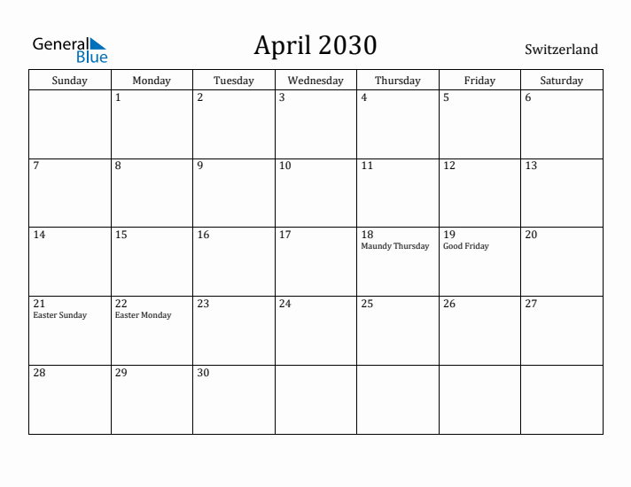 April 2030 Calendar Switzerland