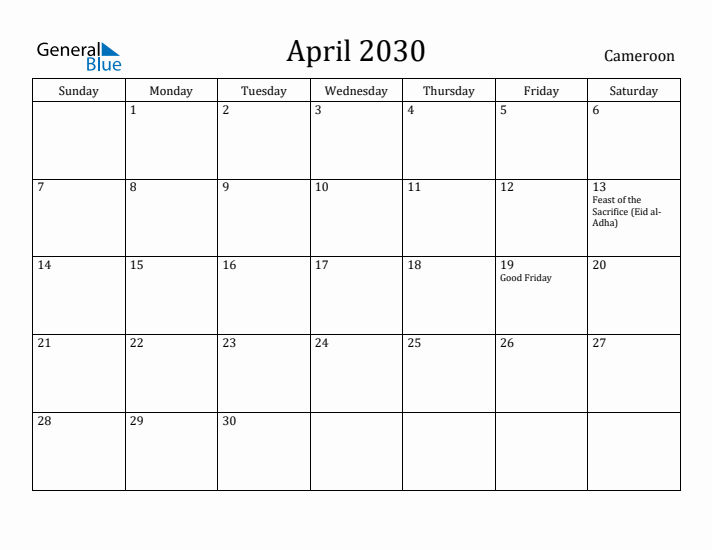 April 2030 Calendar Cameroon