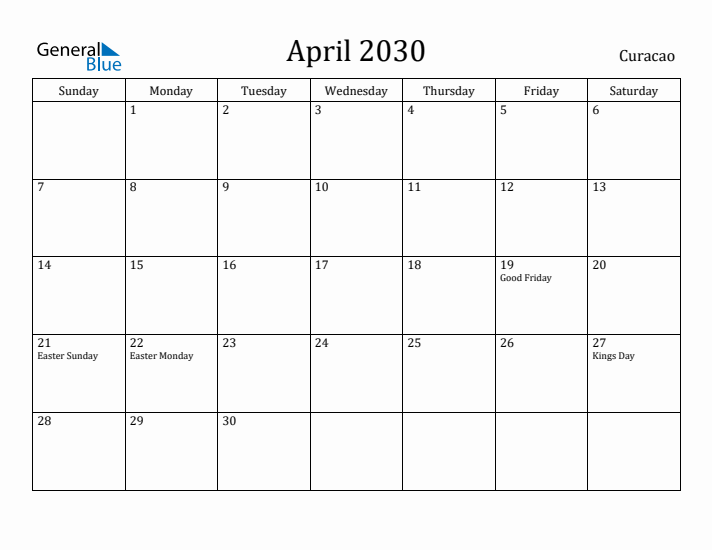 April 2030 Calendar Curacao
