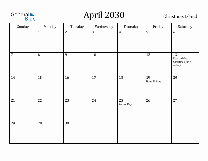 April 2030 Calendar Christmas Island
