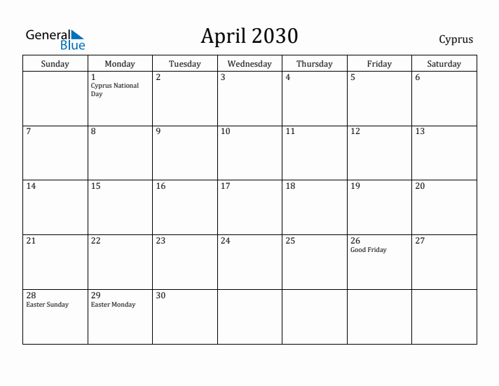 April 2030 Calendar Cyprus