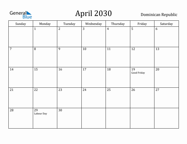 April 2030 Calendar Dominican Republic