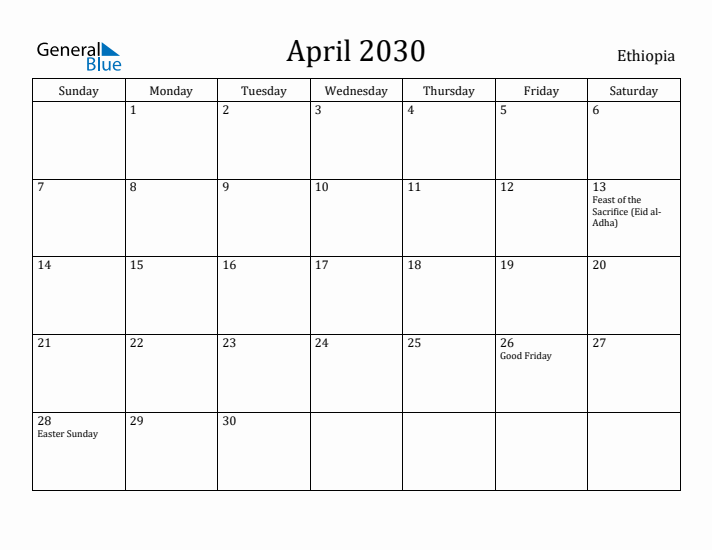 April 2030 Calendar Ethiopia
