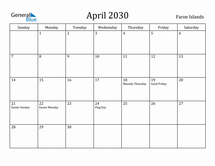 April 2030 Calendar Faroe Islands