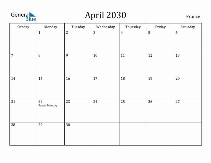 April 2030 Calendar France