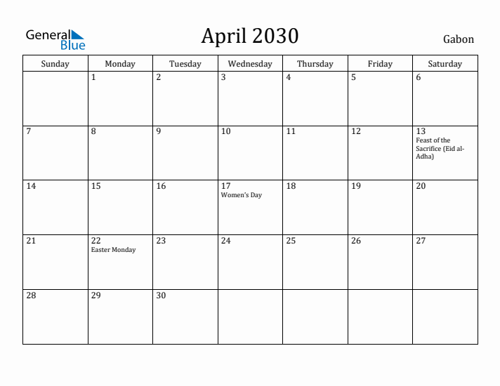 April 2030 Calendar Gabon