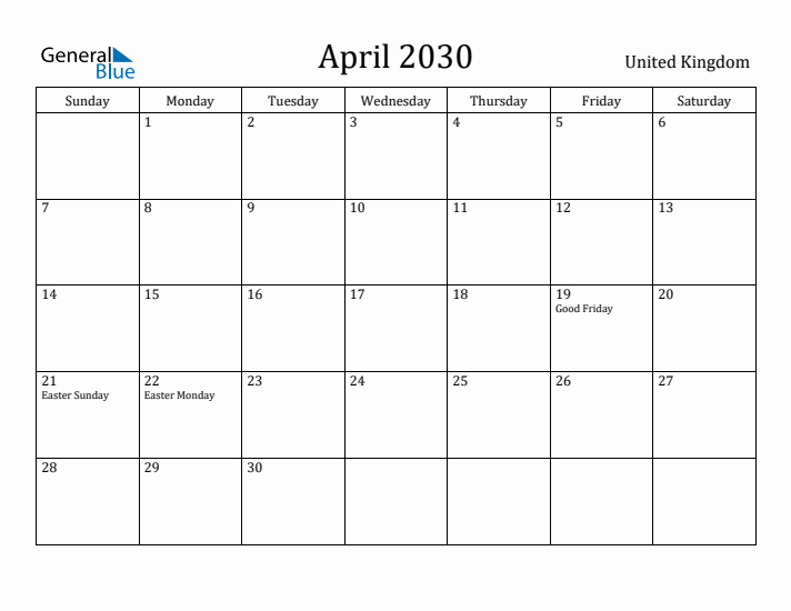 April 2030 Calendar United Kingdom