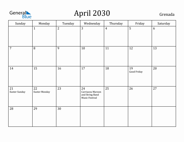 April 2030 Calendar Grenada