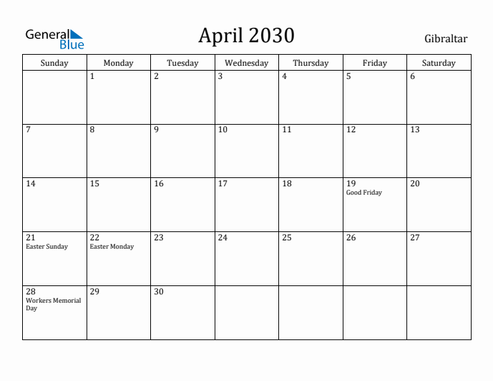 April 2030 Calendar Gibraltar