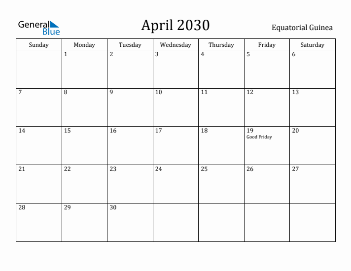April 2030 Calendar Equatorial Guinea