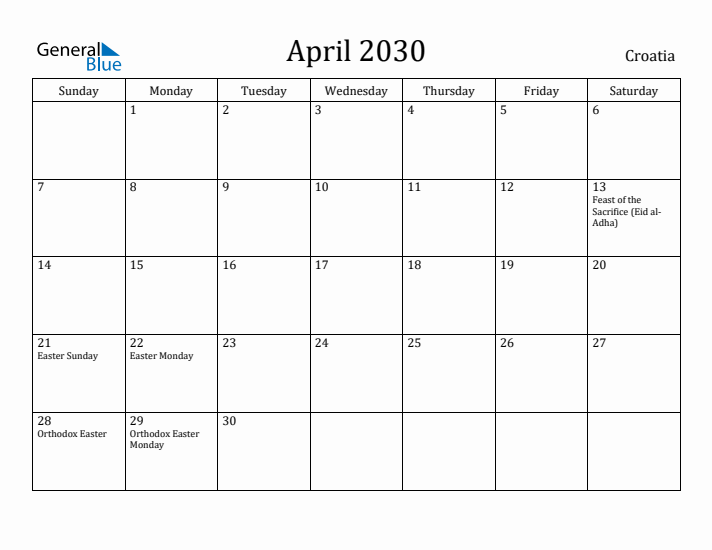 April 2030 Calendar Croatia