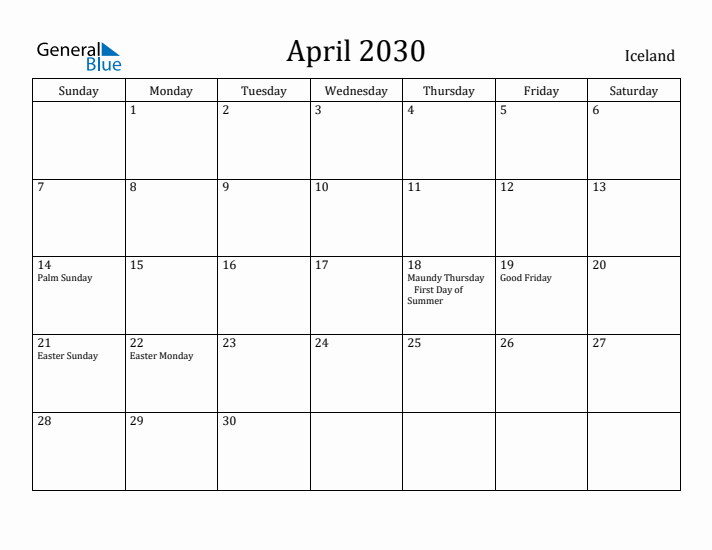 April 2030 Calendar Iceland