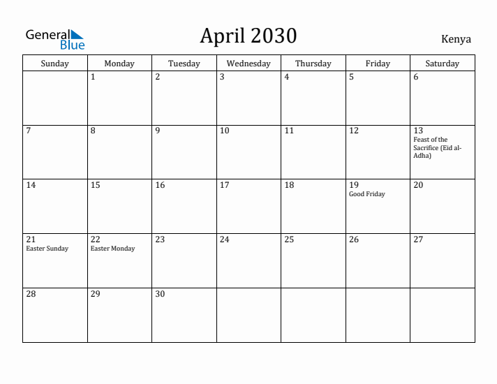 April 2030 Calendar Kenya
