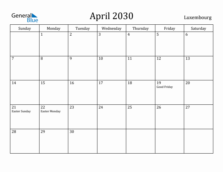 April 2030 Calendar Luxembourg