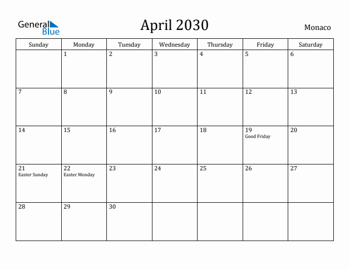 April 2030 Calendar Monaco