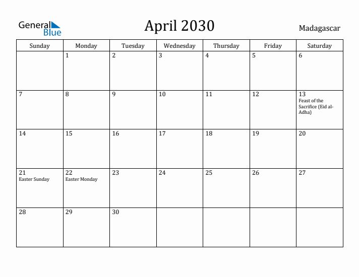 April 2030 Calendar Madagascar