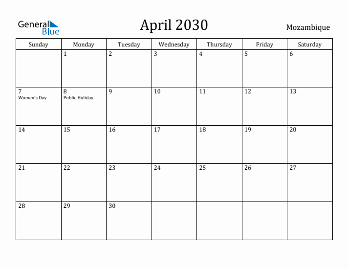 April 2030 Calendar Mozambique