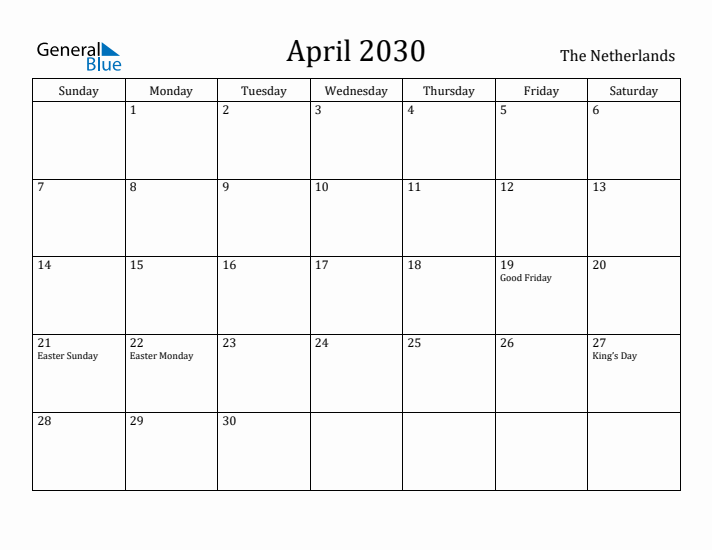 April 2030 Calendar The Netherlands