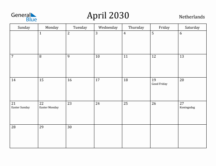 April 2030 Calendar The Netherlands