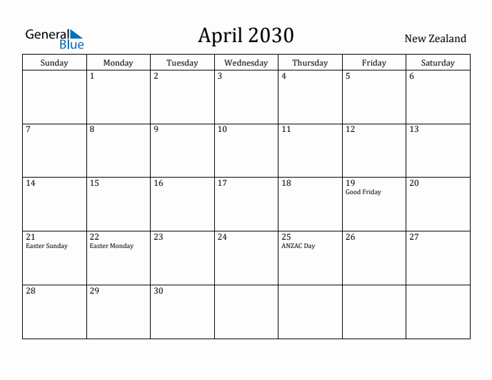 April 2030 Calendar New Zealand