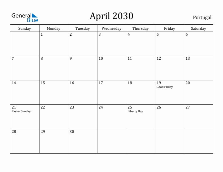 April 2030 Calendar Portugal