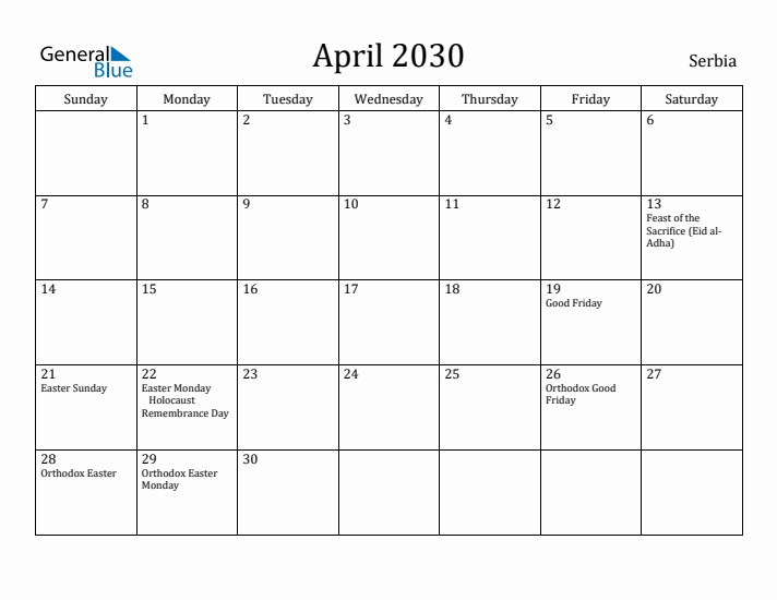 April 2030 Calendar Serbia