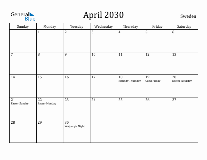 April 2030 Calendar Sweden