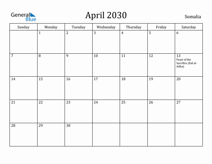 April 2030 Calendar Somalia