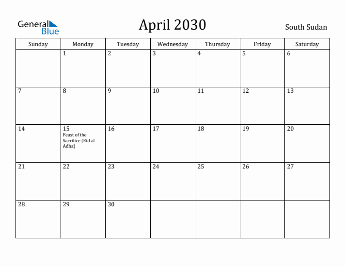April 2030 Calendar South Sudan
