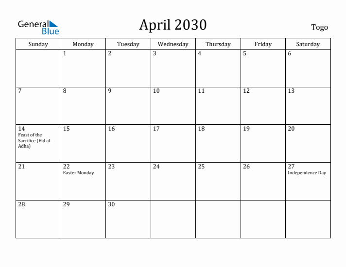 April 2030 Calendar Togo