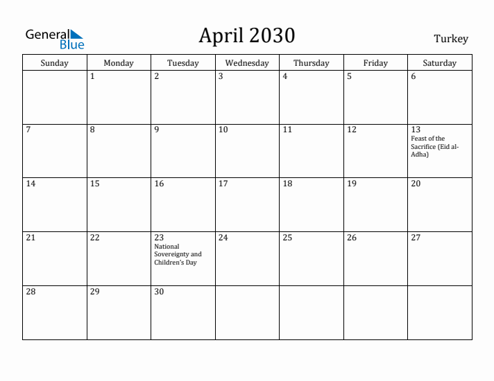 April 2030 Calendar Turkey