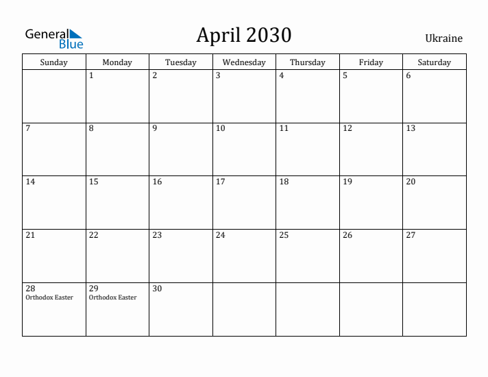 April 2030 Calendar Ukraine