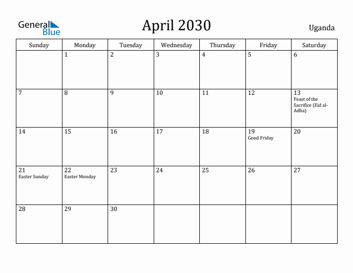 April 2030 Calendar Uganda