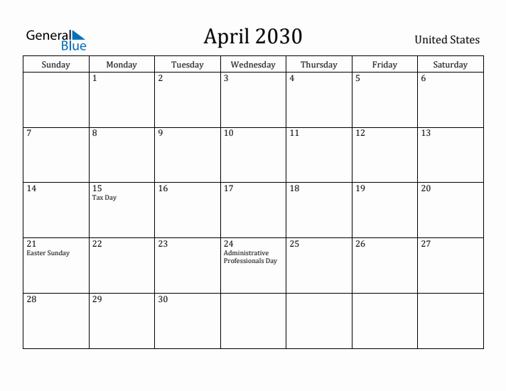 April 2030 Calendar United States