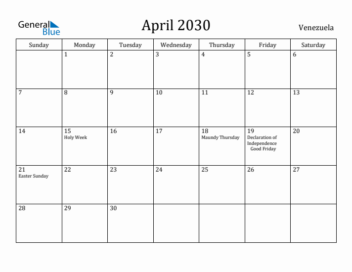 April 2030 Calendar Venezuela