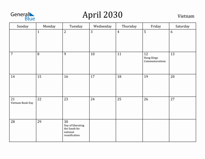 April 2030 Calendar Vietnam