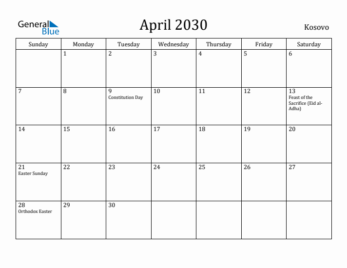 April 2030 Calendar Kosovo