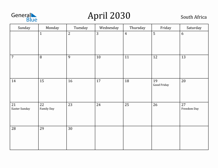 April 2030 Calendar South Africa