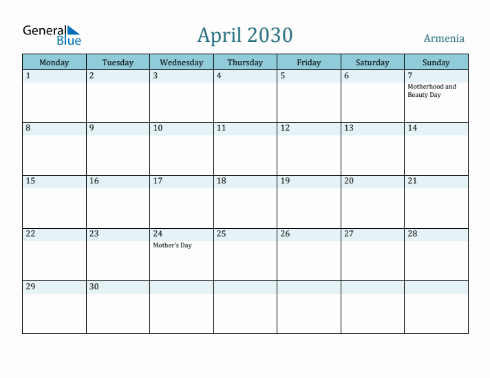 April 2030 Calendar with Holidays