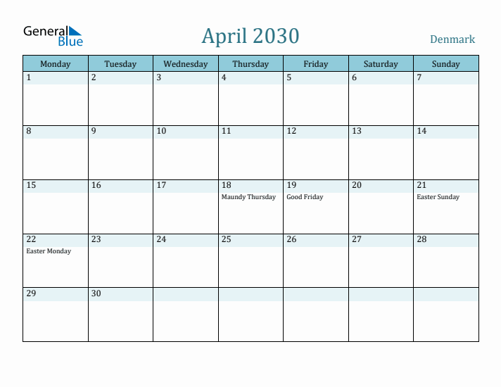 April 2030 Calendar with Holidays