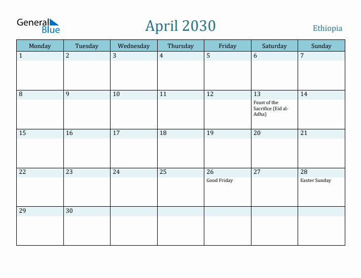 April 2030 Calendar with Holidays