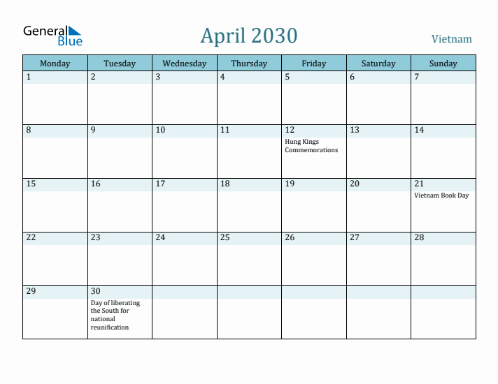 April 2030 Calendar with Holidays