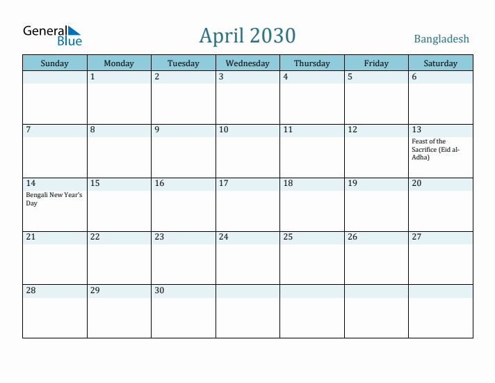 April 2030 Calendar with Holidays