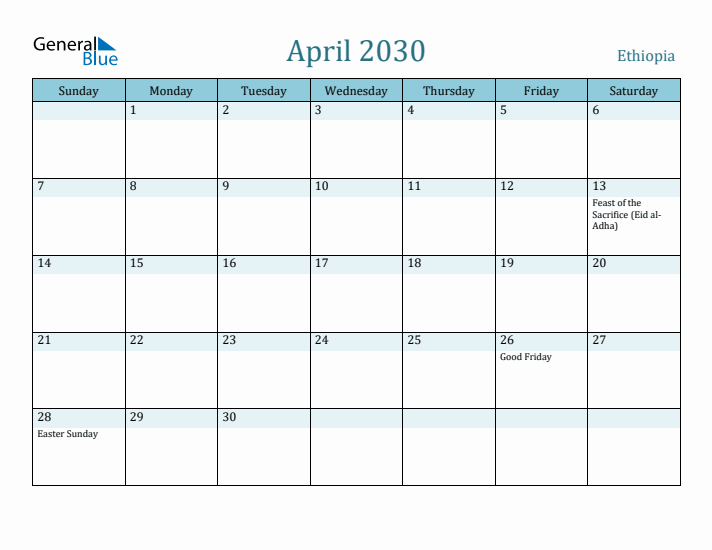 April 2030 Calendar with Holidays