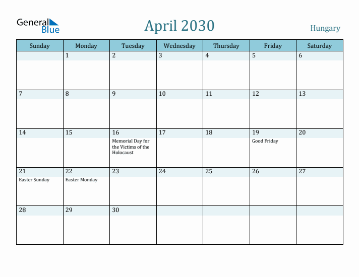 April 2030 Calendar with Holidays