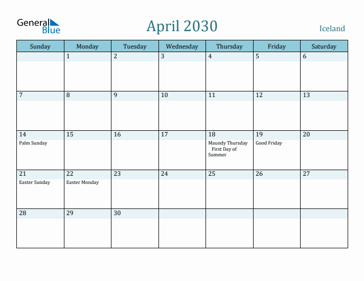 April 2030 Calendar with Holidays