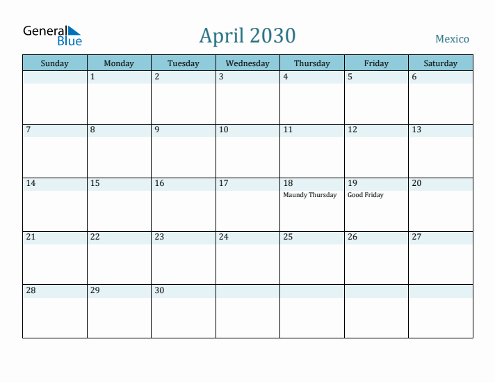 April 2030 Calendar with Holidays