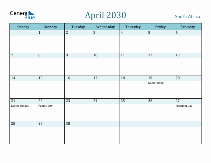 April 2030 Calendar with Holidays